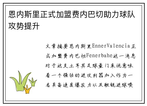 恩内斯里正式加盟费内巴切助力球队攻势提升