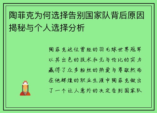 陶菲克为何选择告别国家队背后原因揭秘与个人选择分析