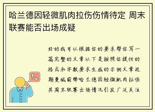 哈兰德因轻微肌肉拉伤伤情待定 周末联赛能否出场成疑